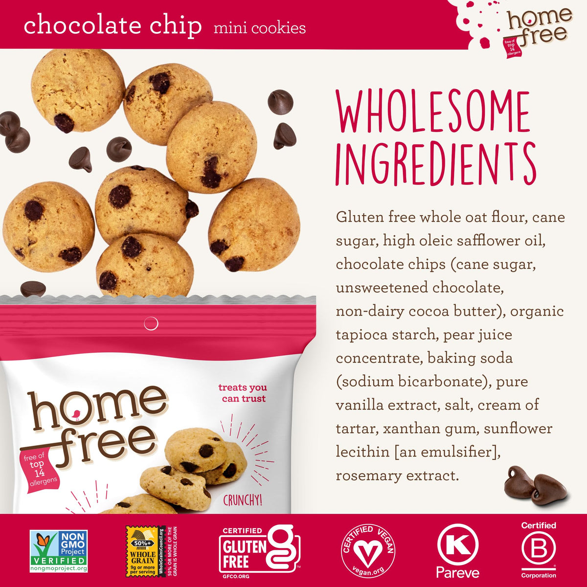 Homefree gluten-free mini cookies chocolate chip ingredients list featuring non-GMO whole grains