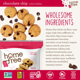 Homefree gluten-free mini cookies chocolate chip ingredients list featuring non-GMO whole grains
