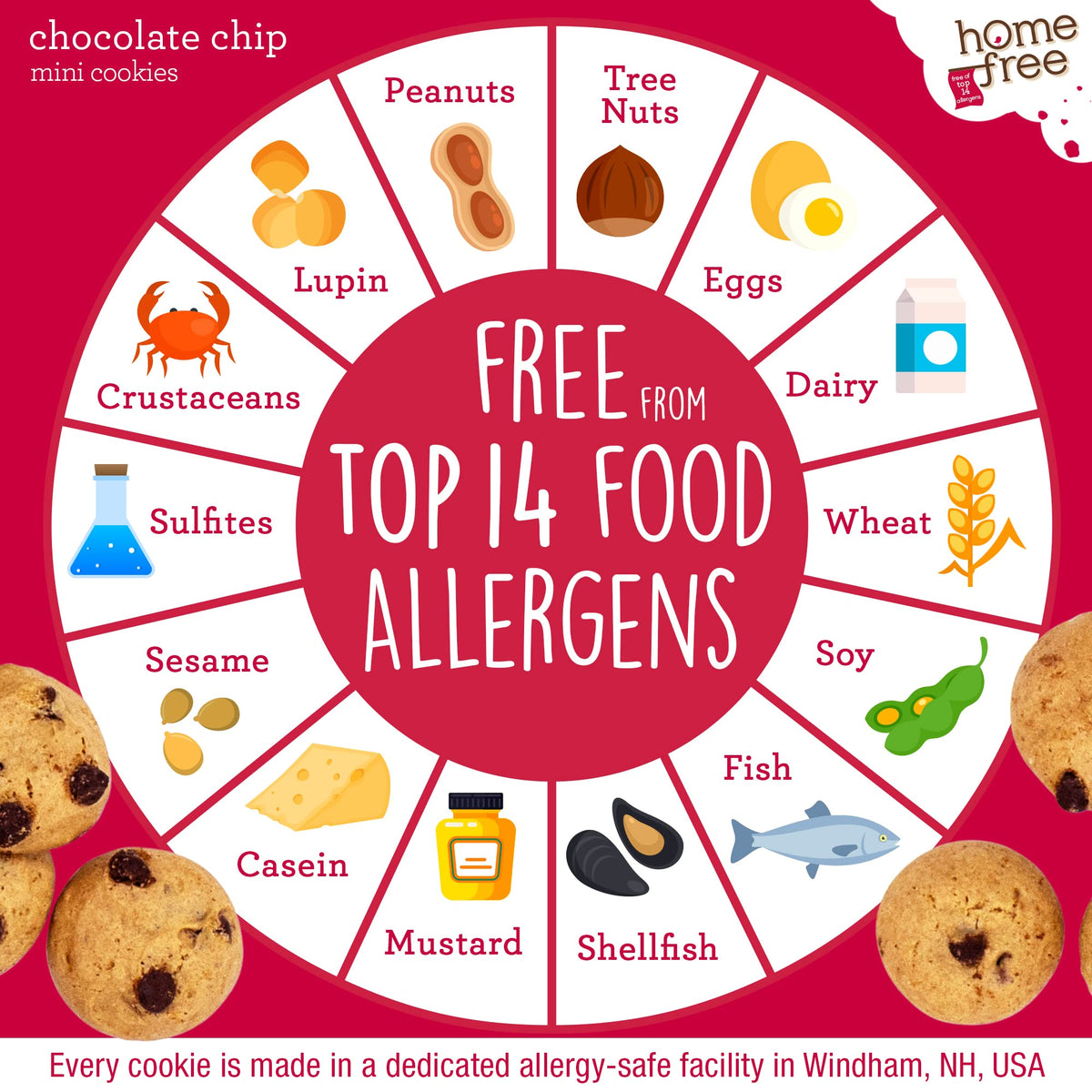 Homefree gluten-free mini cookies chocolate chip nutrition panel close-up, whole grains and calories