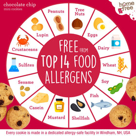 Homefree gluten-free mini cookies chocolate chip nutrition panel close-up, whole grains and calories