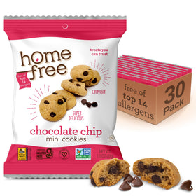 Homefree gluten-free mini cookies chocolate chip pack-30 front, allergen-safe snack option
