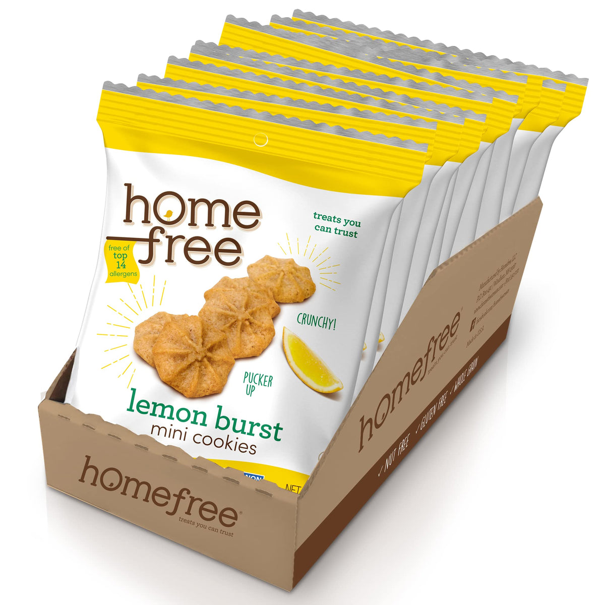 Homefree Lemon Burst Mini Cookies pack-10-1oz, convenient gluten-free snack.