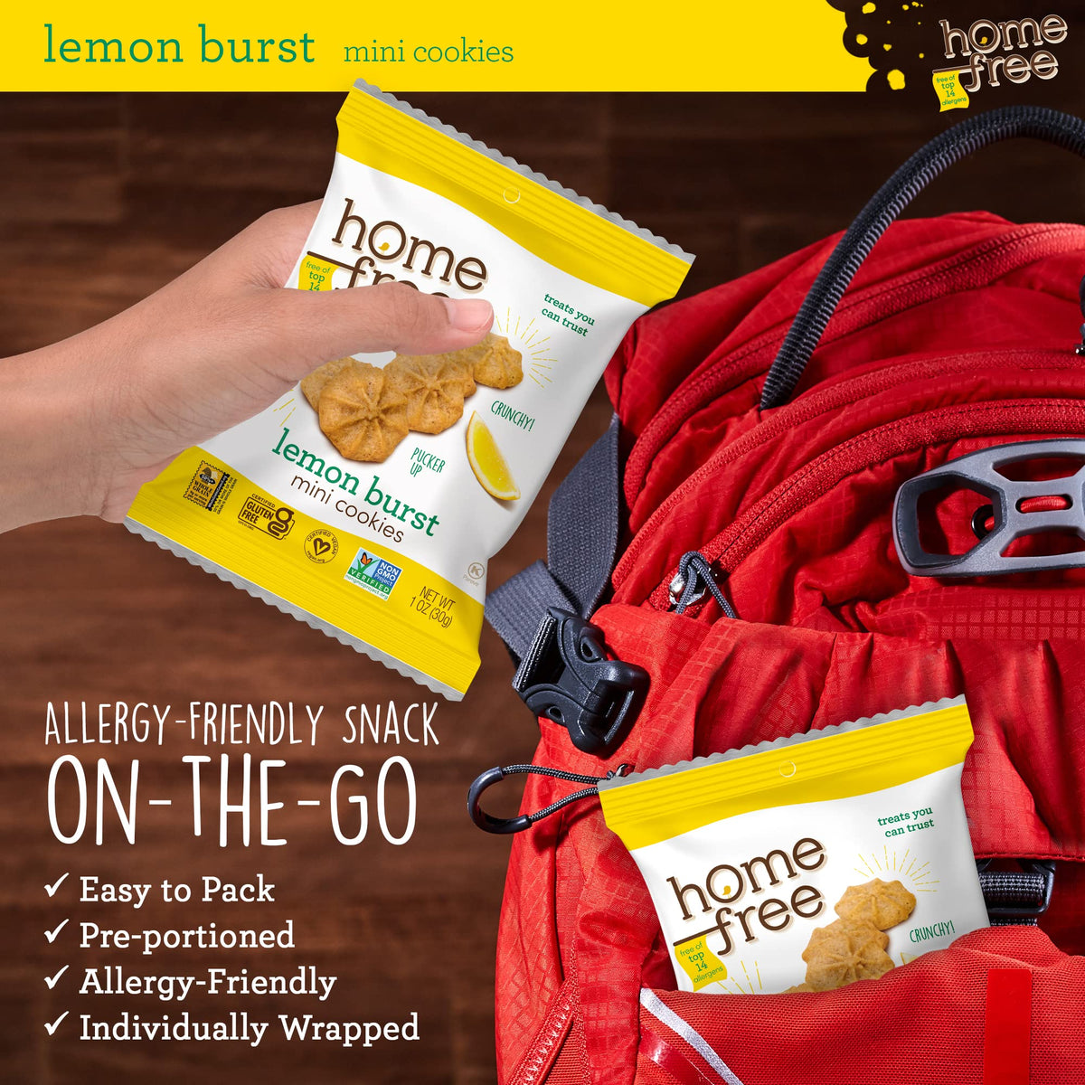 Close-up of lemony crunch on Homefree mini cookies.