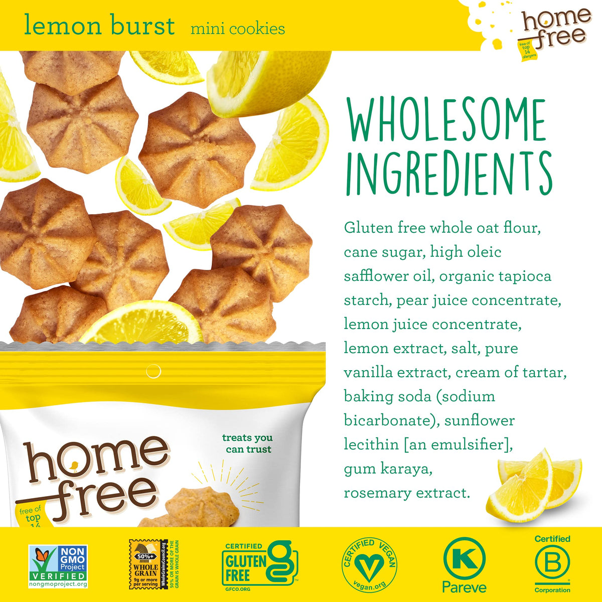 Homefree Lemon Burst Minis in wrappers, ideal lunchbox treat.
