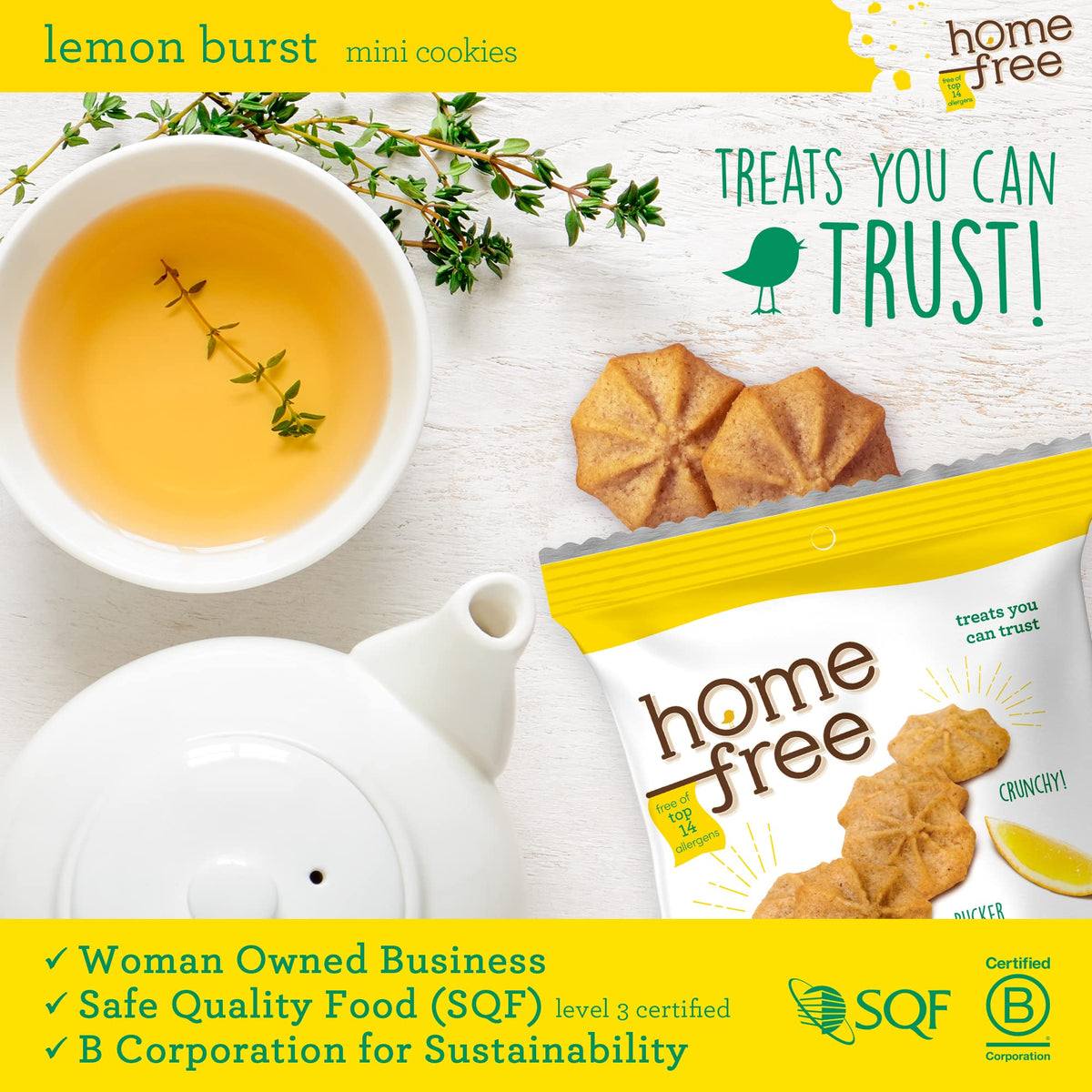 Packaging for freshness of Homefree Lemon Burst mini cookies.