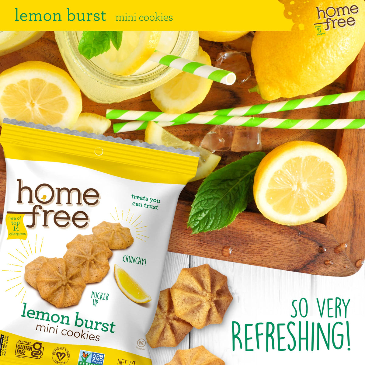 Homefree Lemon Burst Minis enjoyed with tea, bright flavor.