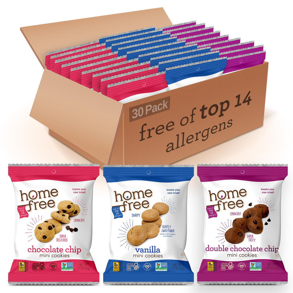 Homefree gluten-free mini cookies chocolate chip pack30 for allergy-safe snacking.