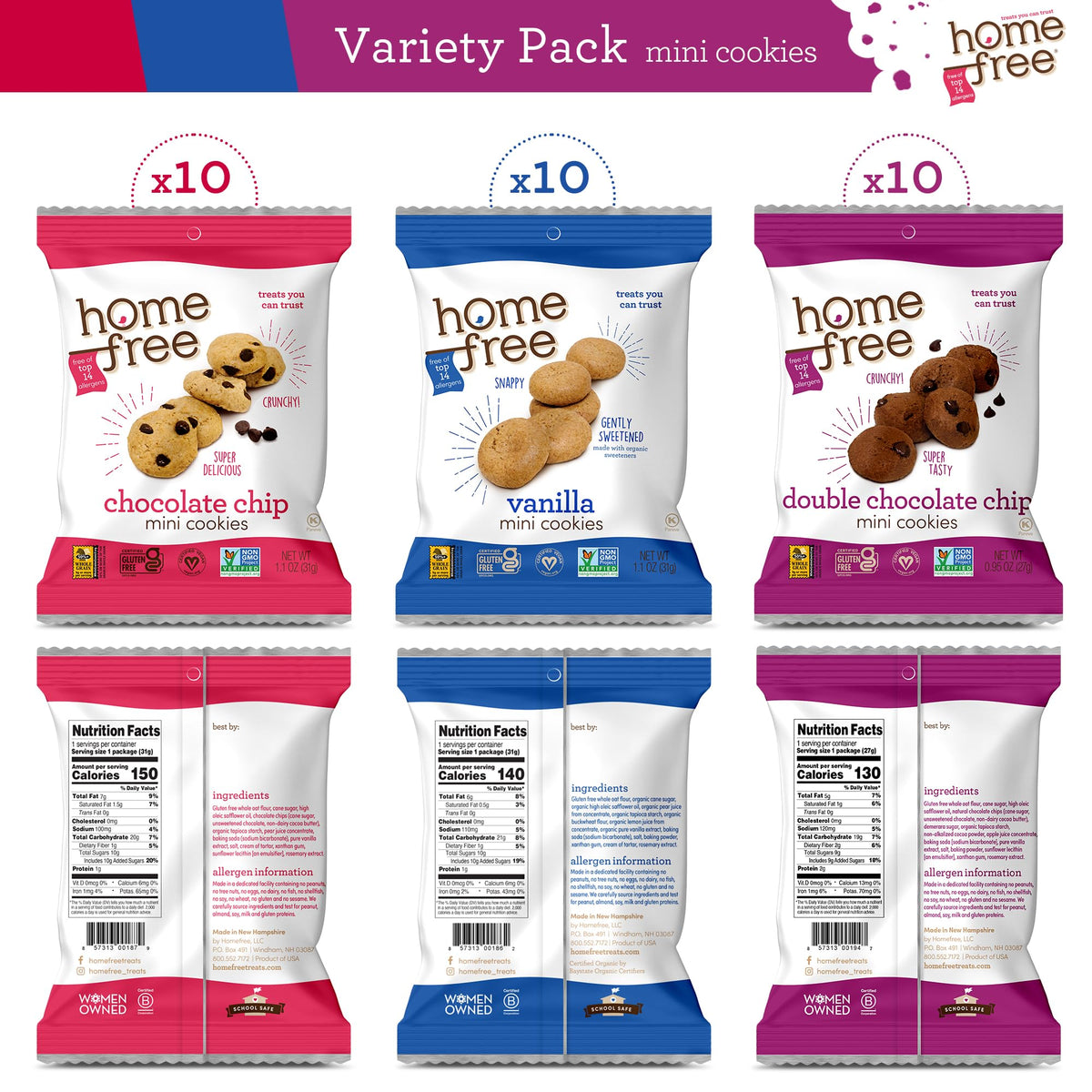 Homefree gluten-free mini cookies double chocolate pack30 for indulgent allergy-safe snacking.