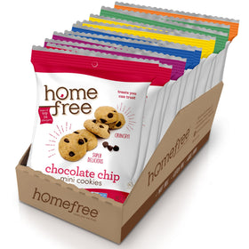 Homefree Mini Cookies Variety Pack packaging shown for convenient school and on-the-go snacking