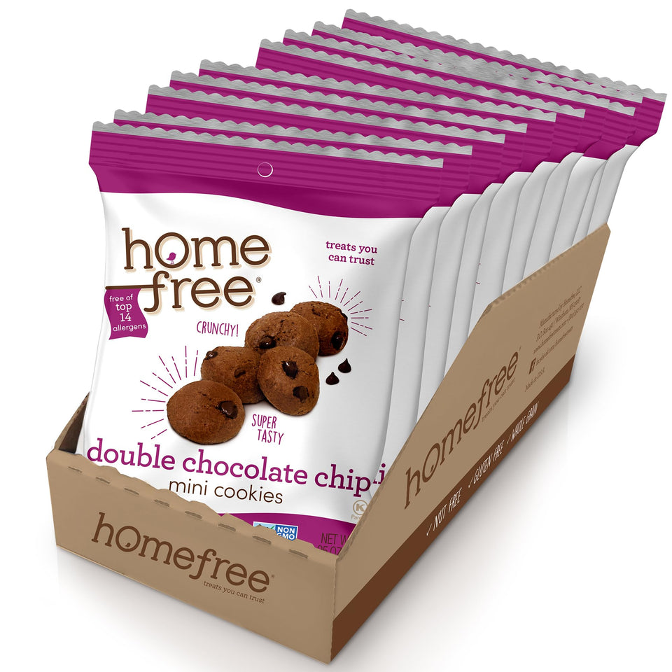 Homefree mini double chocolate chip cookies offer 10-pack convenience for on-the-go.
