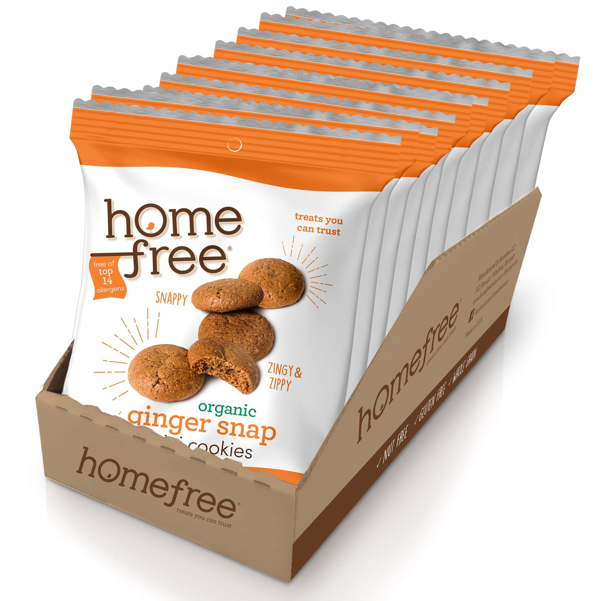 Homefree Ginger Snap minis pack image, ten-pack for school snacks and on-the-go lunches