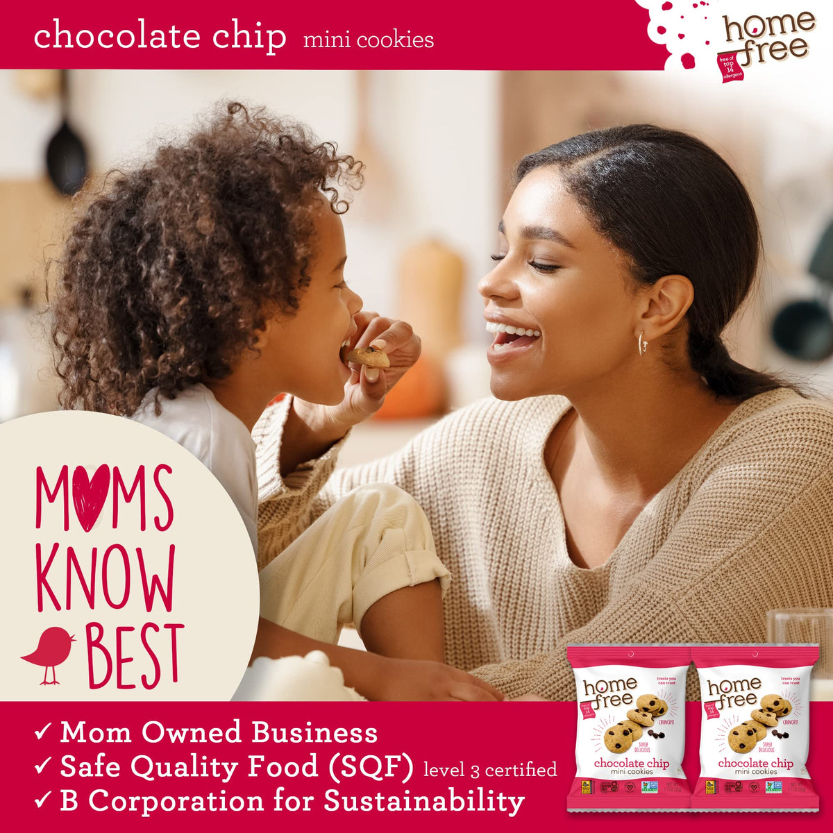 Homefree 1.1-ounce single-serve bag emphasizing easy on-the-go snacking.