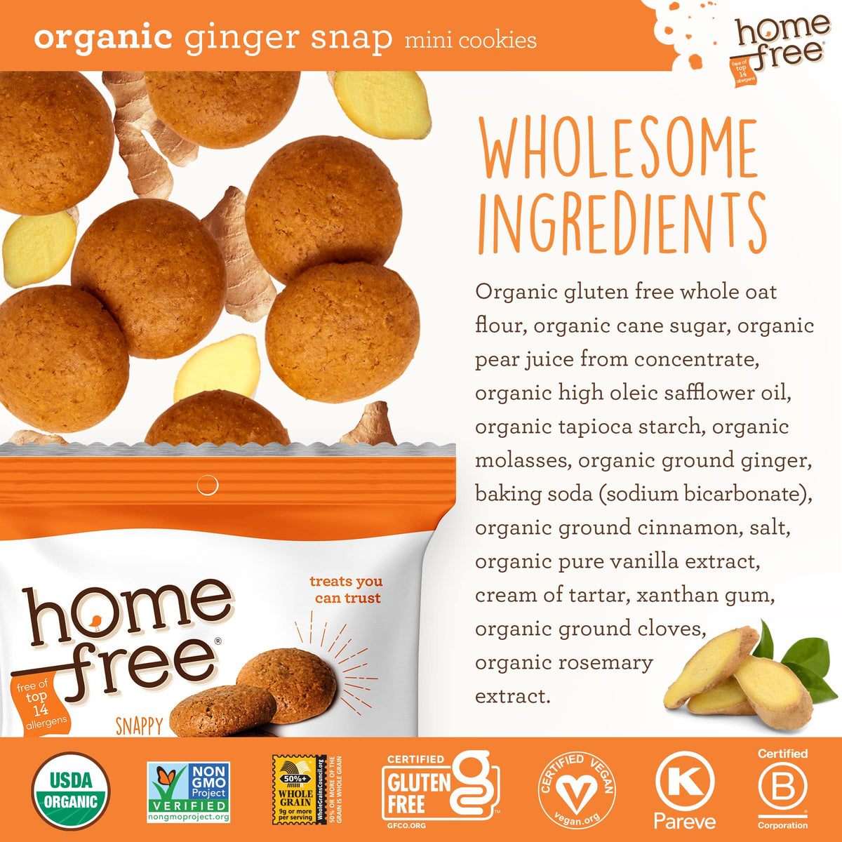 Homefree Organic Ginger Snap ingredients highlight organic, wholesome components