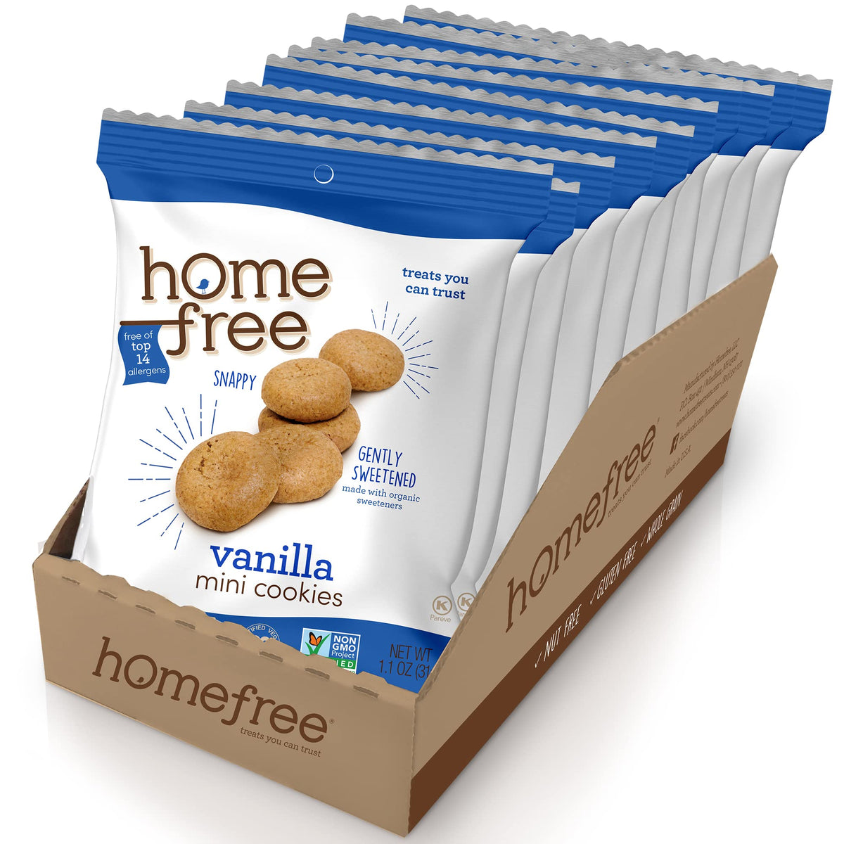 Homefree vanilla snap cookies 10-pack packaging for convenient on-the-go snacking.