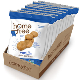Homefree vanilla snap cookies 10-pack packaging for convenient on-the-go snacking.