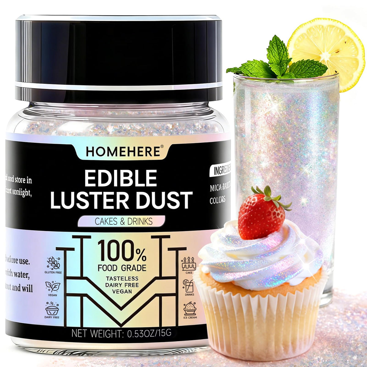 HomeHere edible luster dust gold shimmer for cake decorations and desserts.