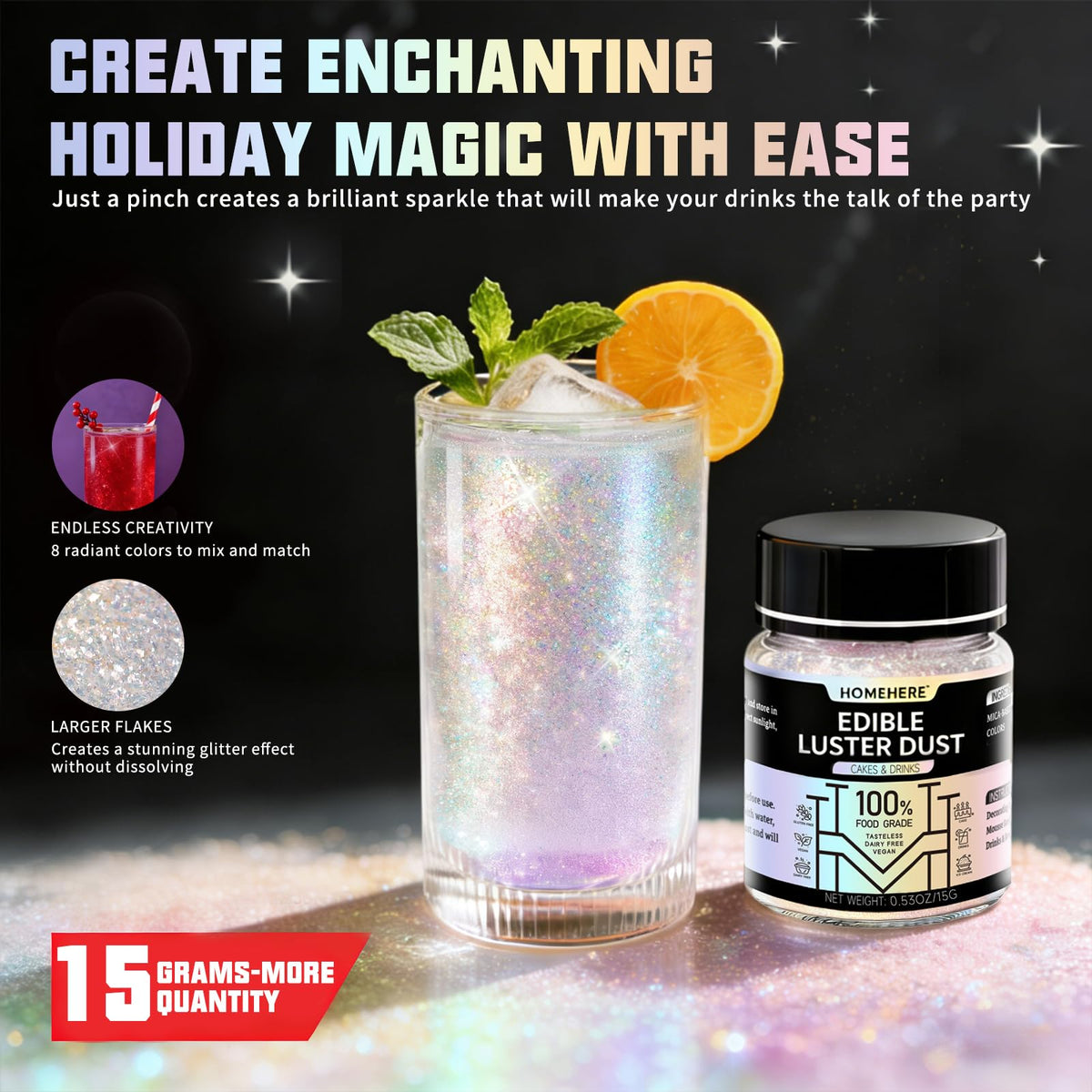 HomeHere edible luster dust silver sparkle enhances cocktails and pastries.