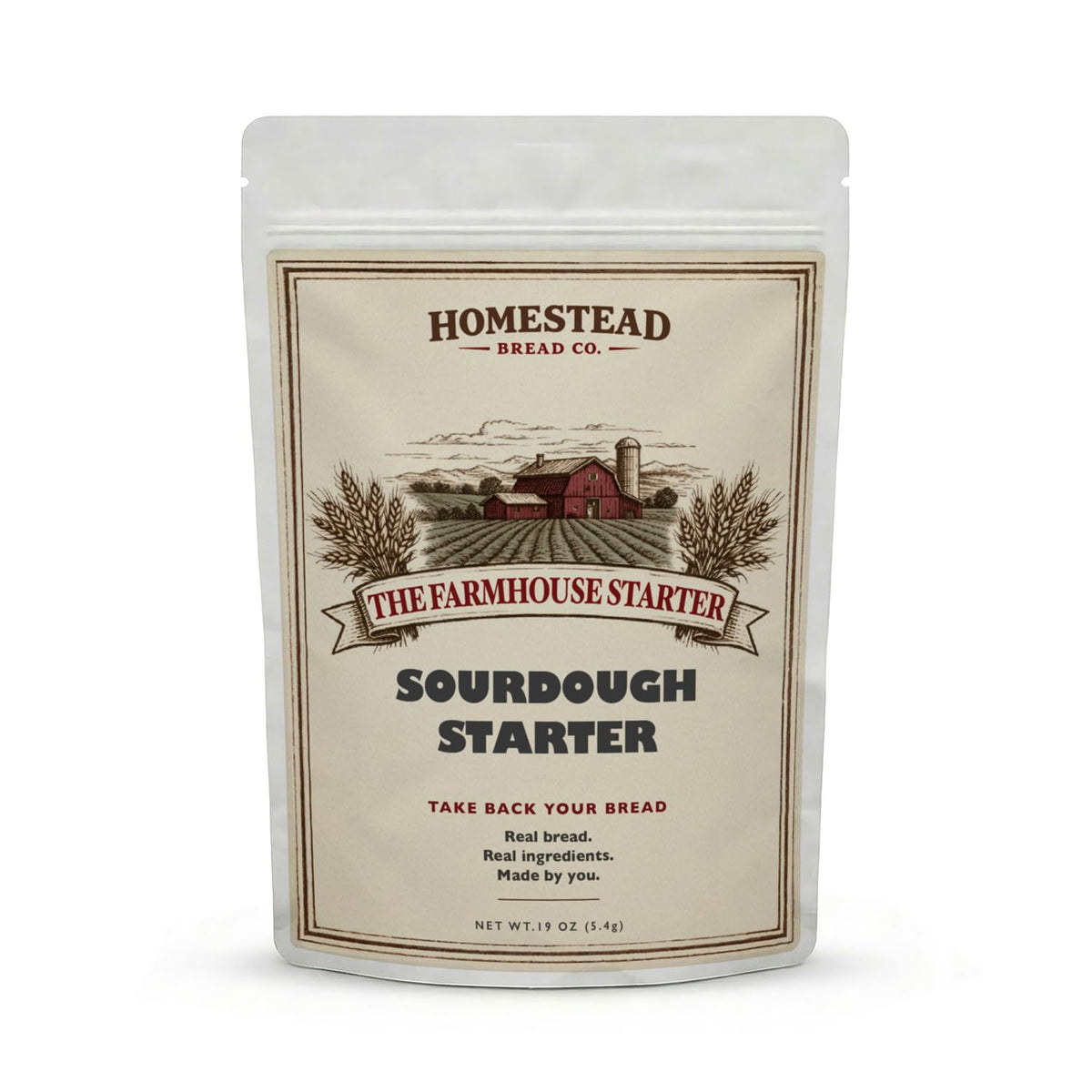 Homestead Bread Co. Farmhouse Starter packaging shows USA-made origins for trust and clarity