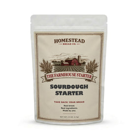 Homestead Bread Co. Farmhouse Starter packaging shows USA-made origins for trust and clarity