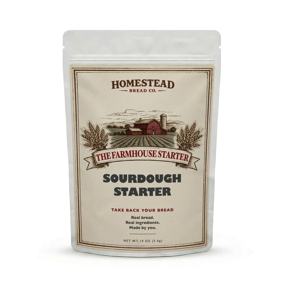 Homestead Bread Co. Farmhouse Starter packaging shows USA-made origins for trust and clarity