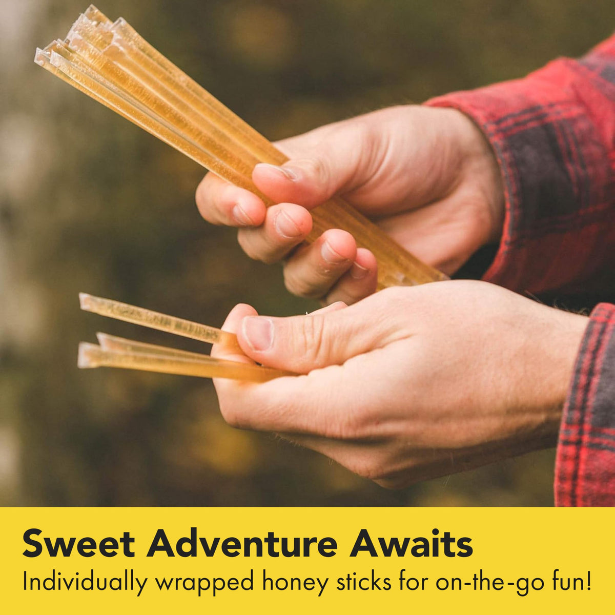 Compact travel-ready packaging of Homestead Honey sticks for travel and on-the-go.