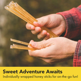 Compact travel-ready packaging of Homestead Honey sticks for travel and on-the-go.