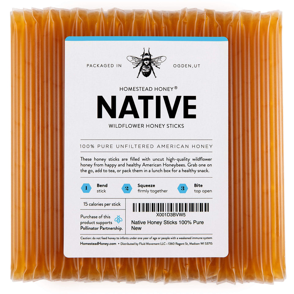 Homestead Honey Native Sticks packaging for easy, mess-free sweetness.