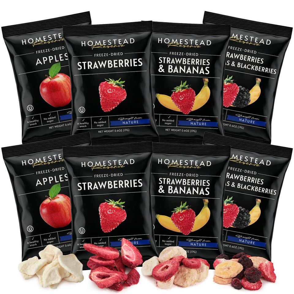 Homestead Reserve freeze dried apple slices in a bag, crisp and naturally sweet snack.