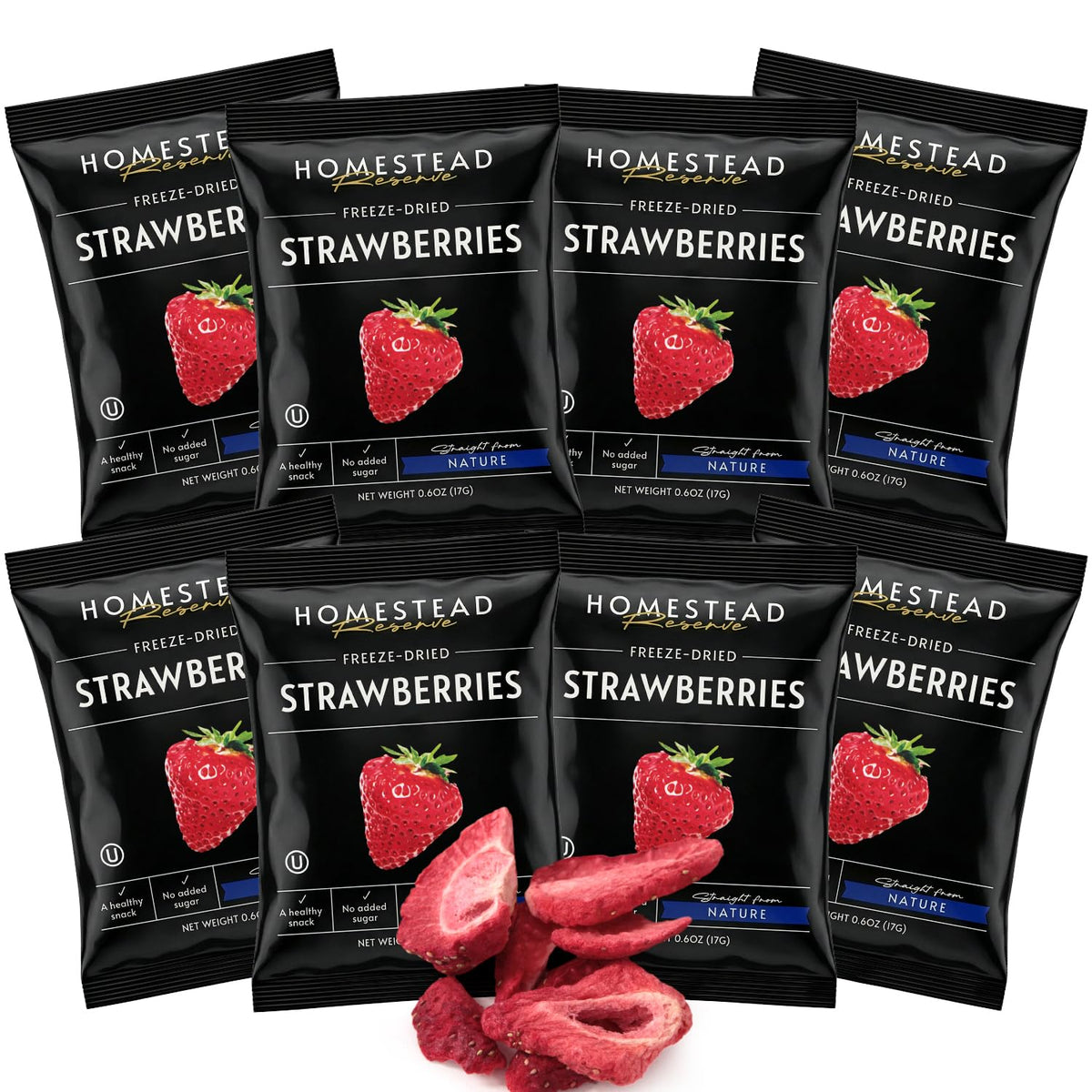 Homestead Reserve freeze-dried strawberry pouch close-up, crisp texture for on-the-go snacking.