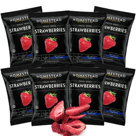 Homestead Reserve freeze-dried strawberry pouch close-up, crisp texture for on-the-go snacking.