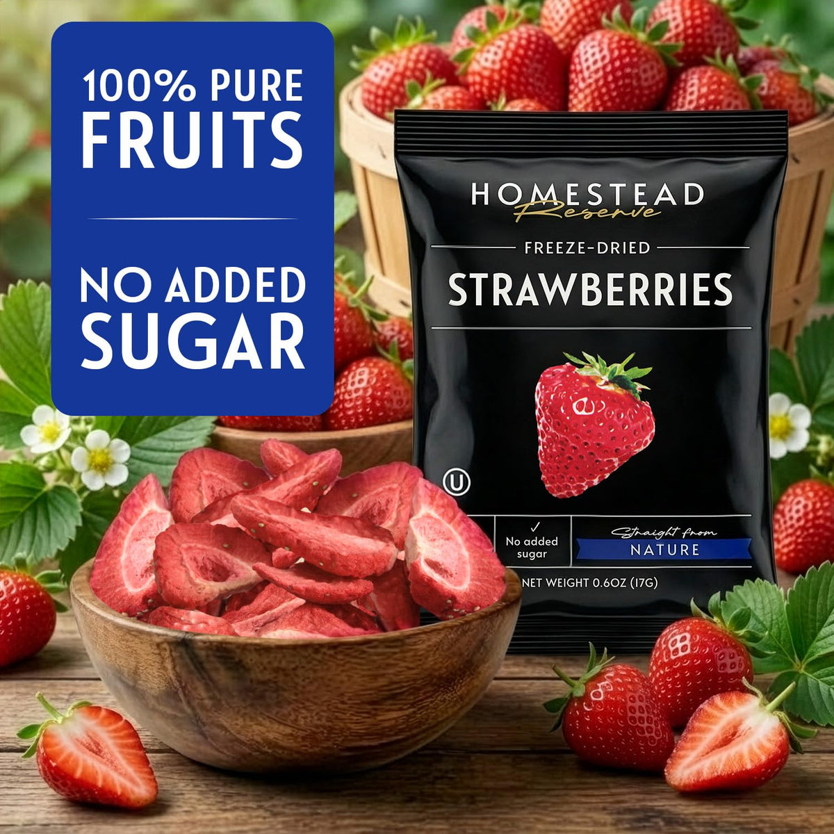 Homestead Reserve single-serve pouches, stays fresh and crunchy between meals.