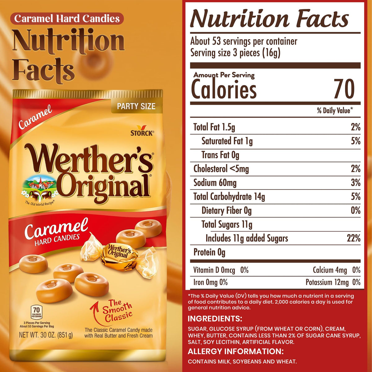 Hominics Werther's caramel-filled candies with creamy center close-up