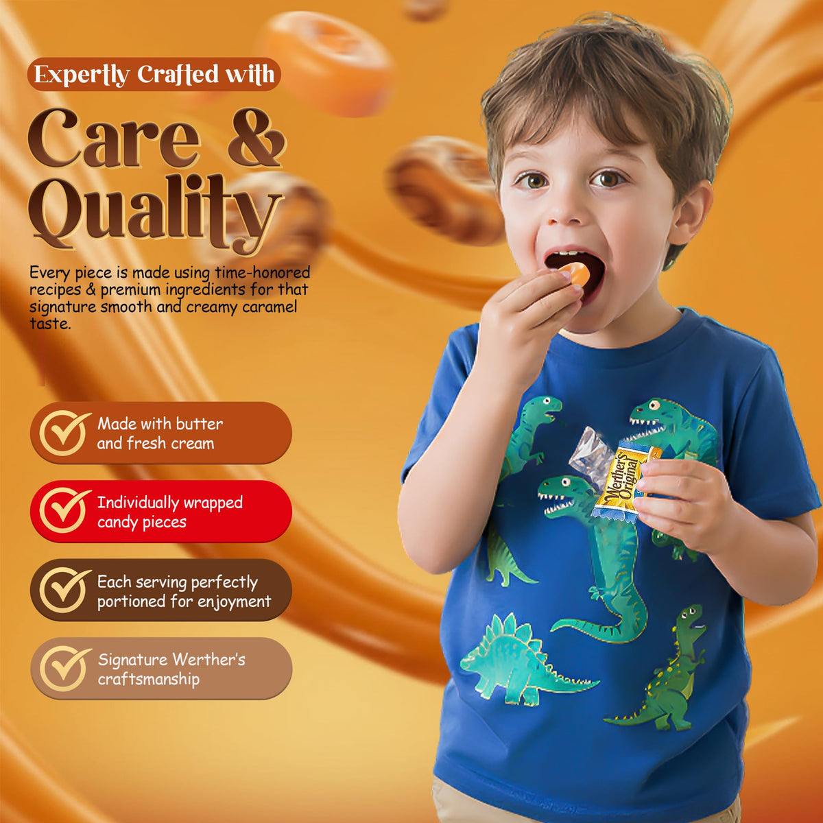 Bulk packaging label display for Hominics Werthers Original candy dish.