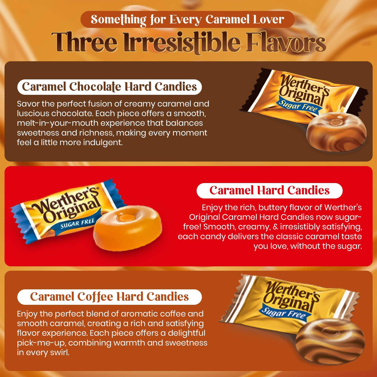 Hominics Werthers Original coffee caramel close-up, energizing treat.
