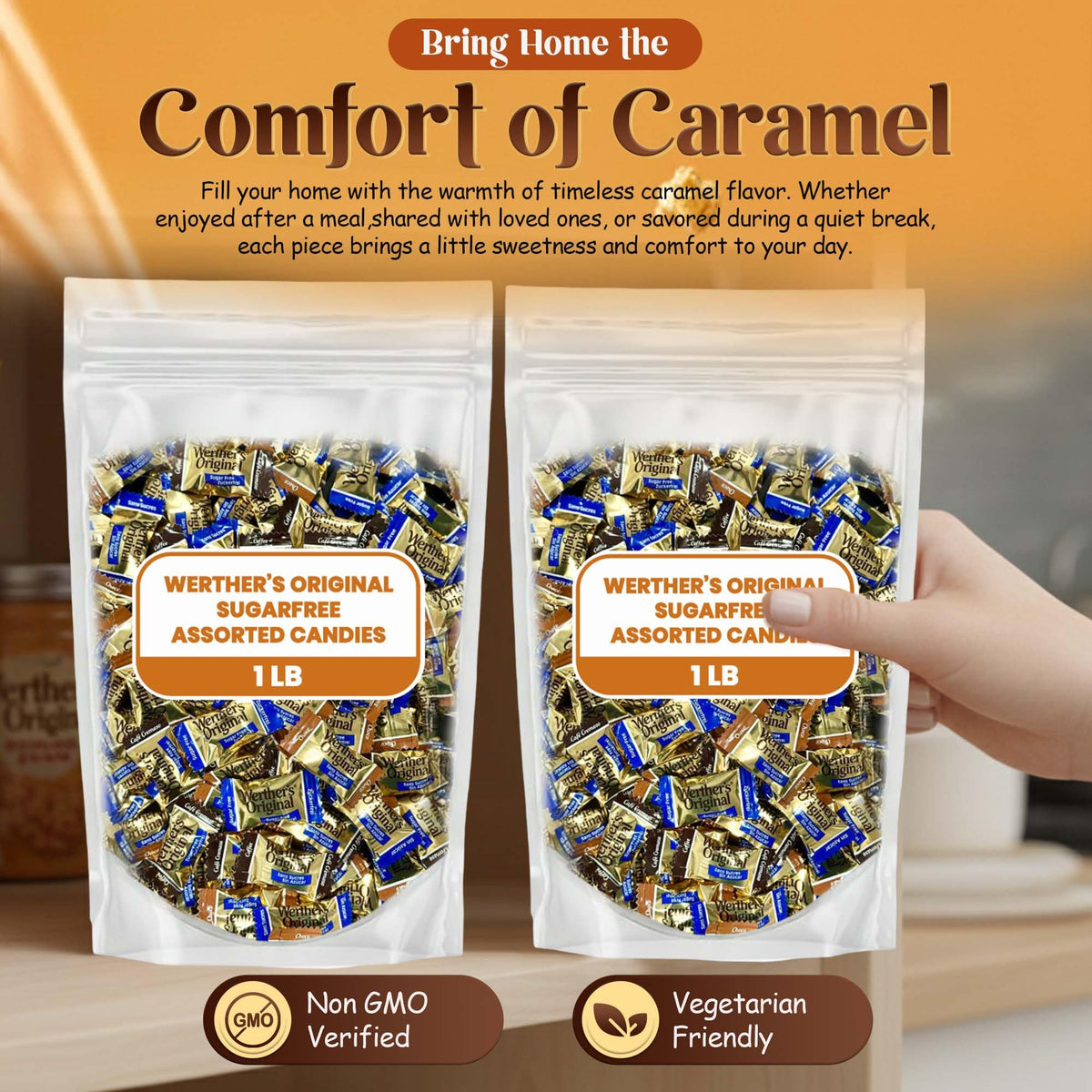 Travel-friendly Hominics Werthers Original candies in compact 1lb box.
