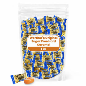 Hominics Werther's Original Sugar Free bulk bag front, a zero-sugar caramel snack for on-the-go