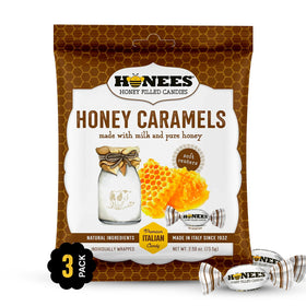 Honees Honey Caramels on a plate highlighting Italian craftsmanship and premium flavor.