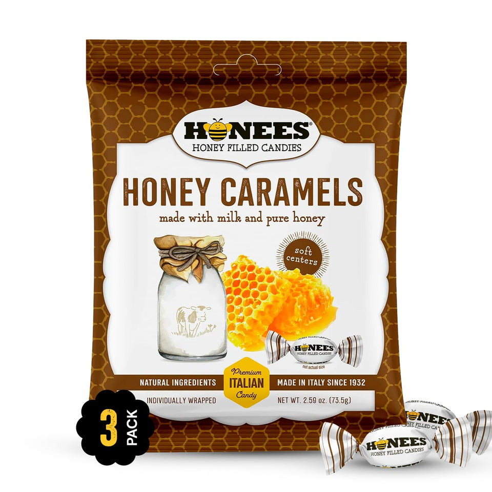 Honees Honey Caramels on a plate highlighting Italian craftsmanship and premium flavor.