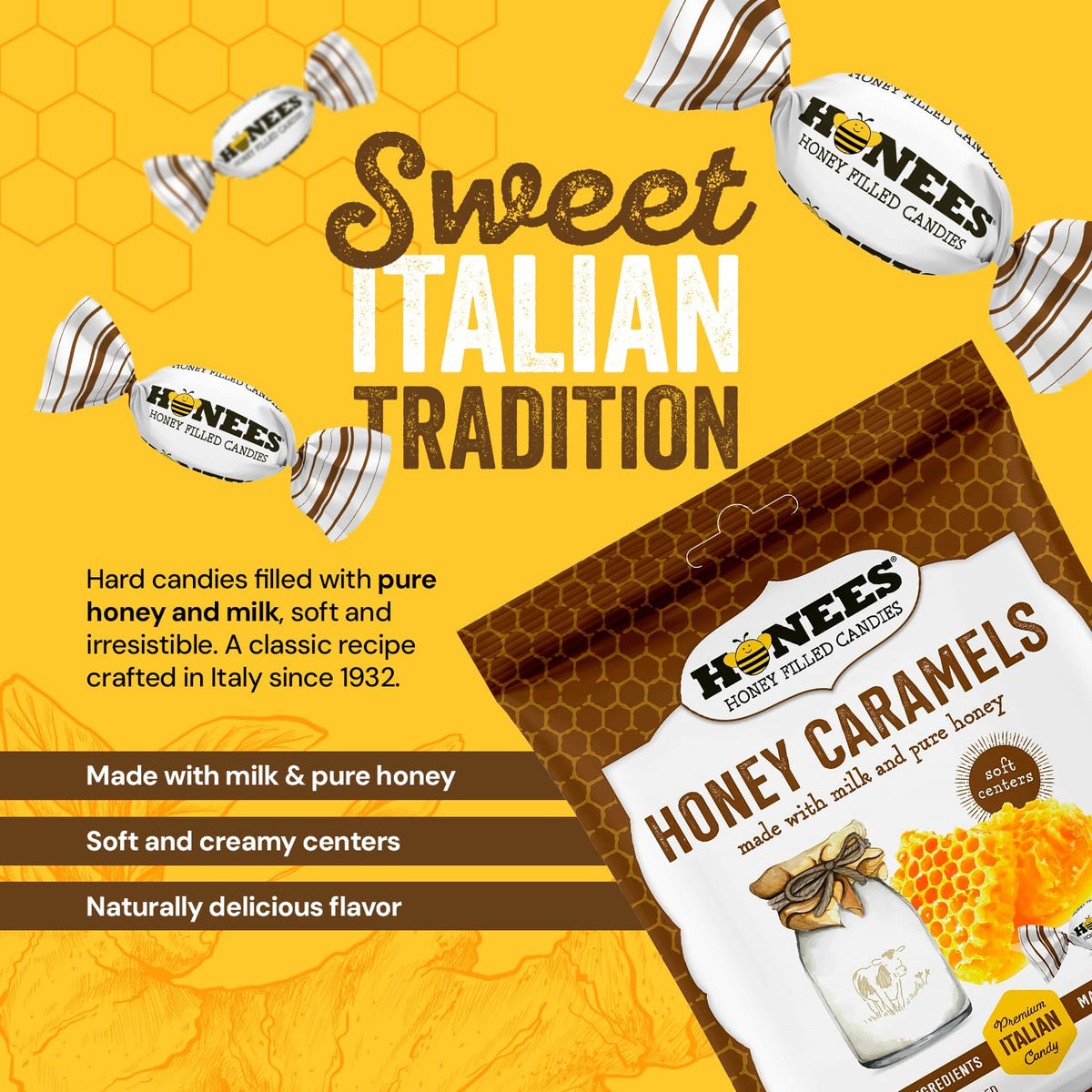 Honees Honey Caramels with milk and honey showing creamy flavor profile for sweetness.