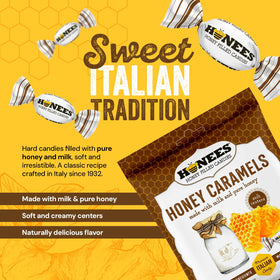 Honees Honey Caramels with milk and honey showing creamy flavor profile for sweetness.