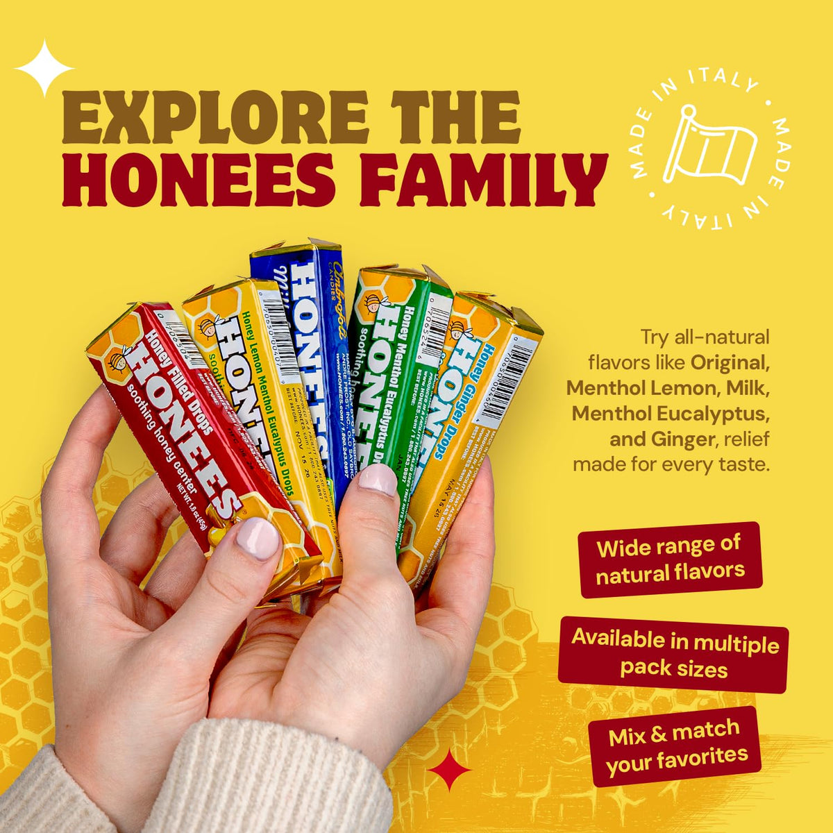 Honees box with drops and packaging layout