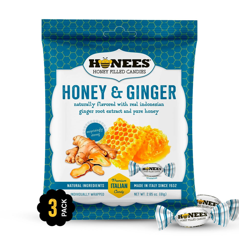 Honees Honey & Ginger candy packaging with three-pack for on-the-go snacking