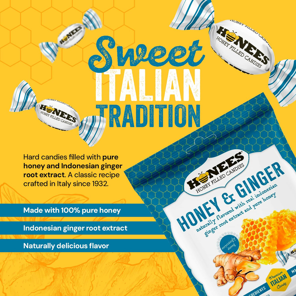 Honees Honey & Ginger hard candy unwrapped shows bold sweet-spicy flavor