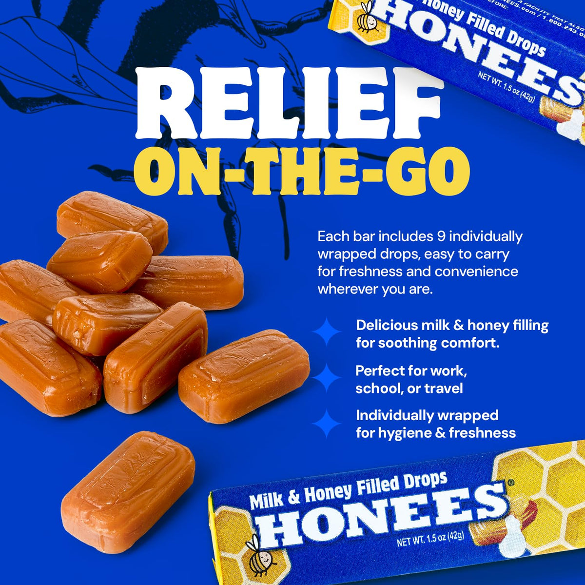 Honees Milk and Honey bottle collection shown with a comforting throat care option.
