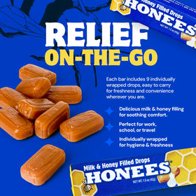 Honees Milk and Honey bottle collection shown with a comforting throat care option.