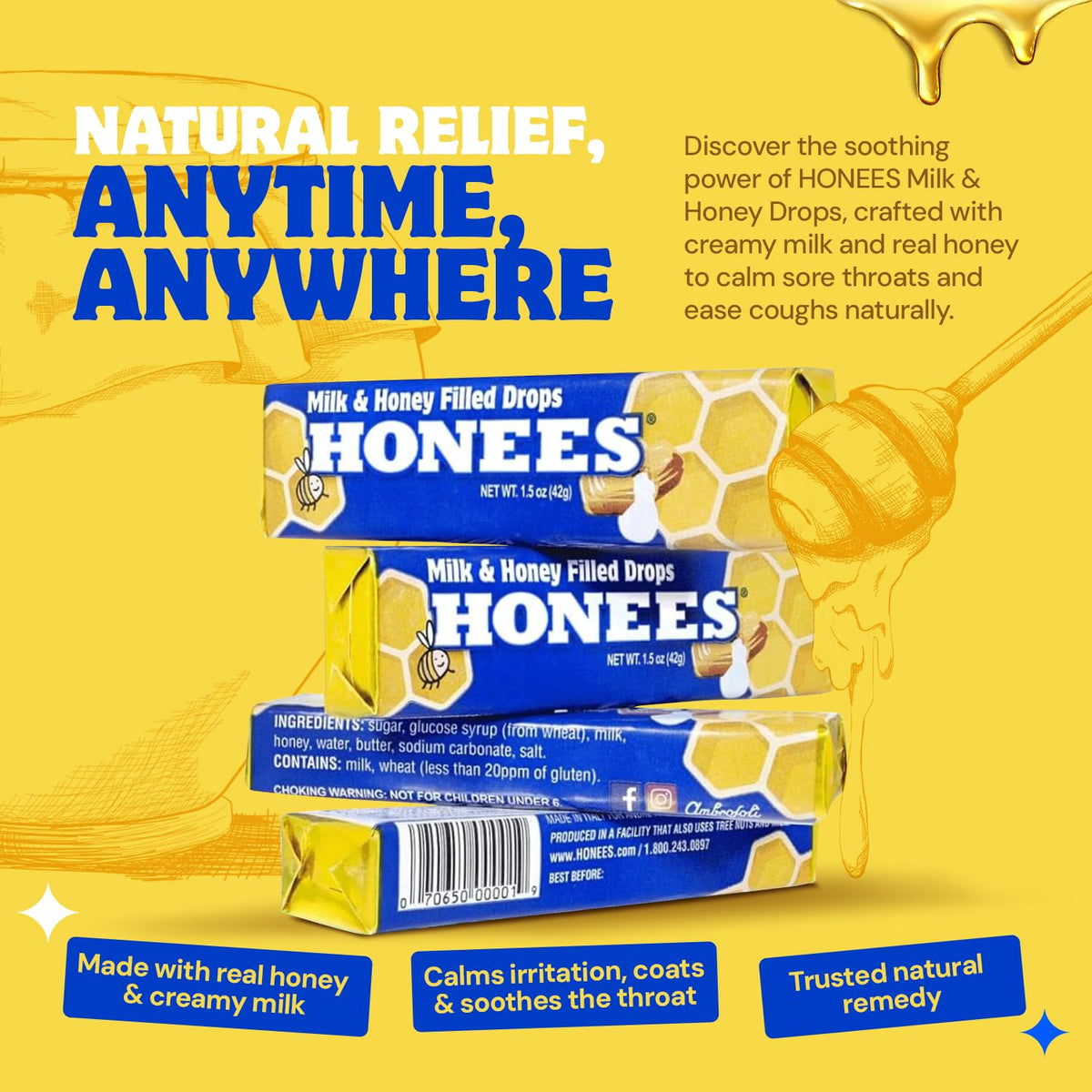Honees Milk and Honey drops closeup highlighting creamy texture and natural ingredients.