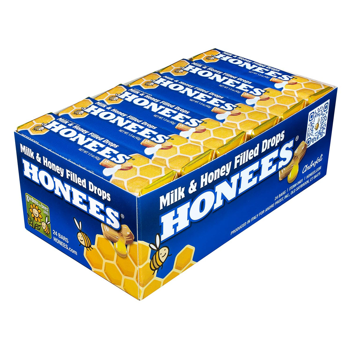 Honees Milk and Honey drops pack display for soothing throat relief on the go.