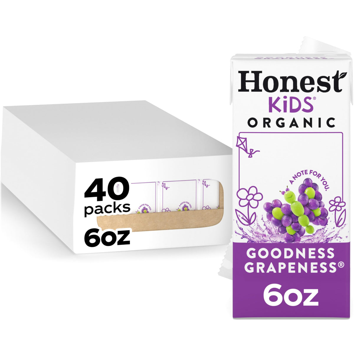 Honest Kids Goodness Grapeness carton front shows kid-friendly lunchbox hydration.