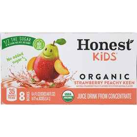 Honest Kids Strawberry Peachy Keen carton front, vibrant branding for lunchbox appeal