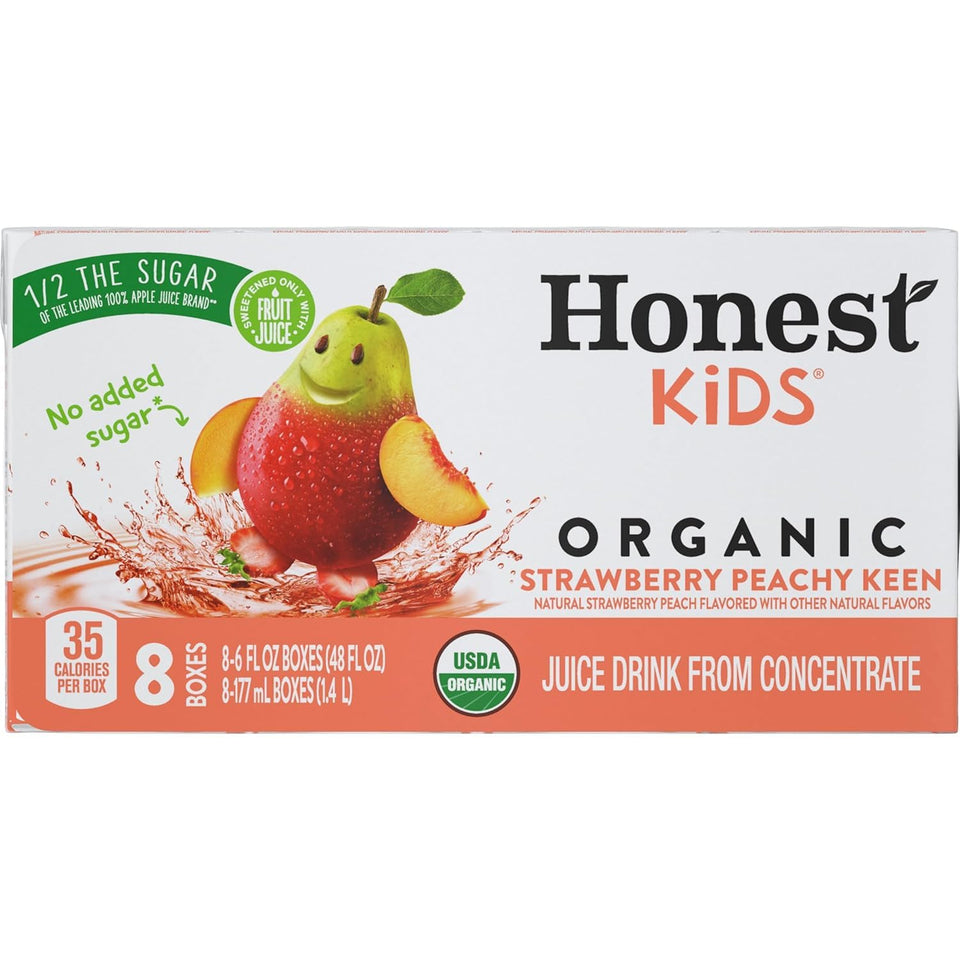 Honest Kids Strawberry Peachy Keen carton front, vibrant branding for lunchbox appeal